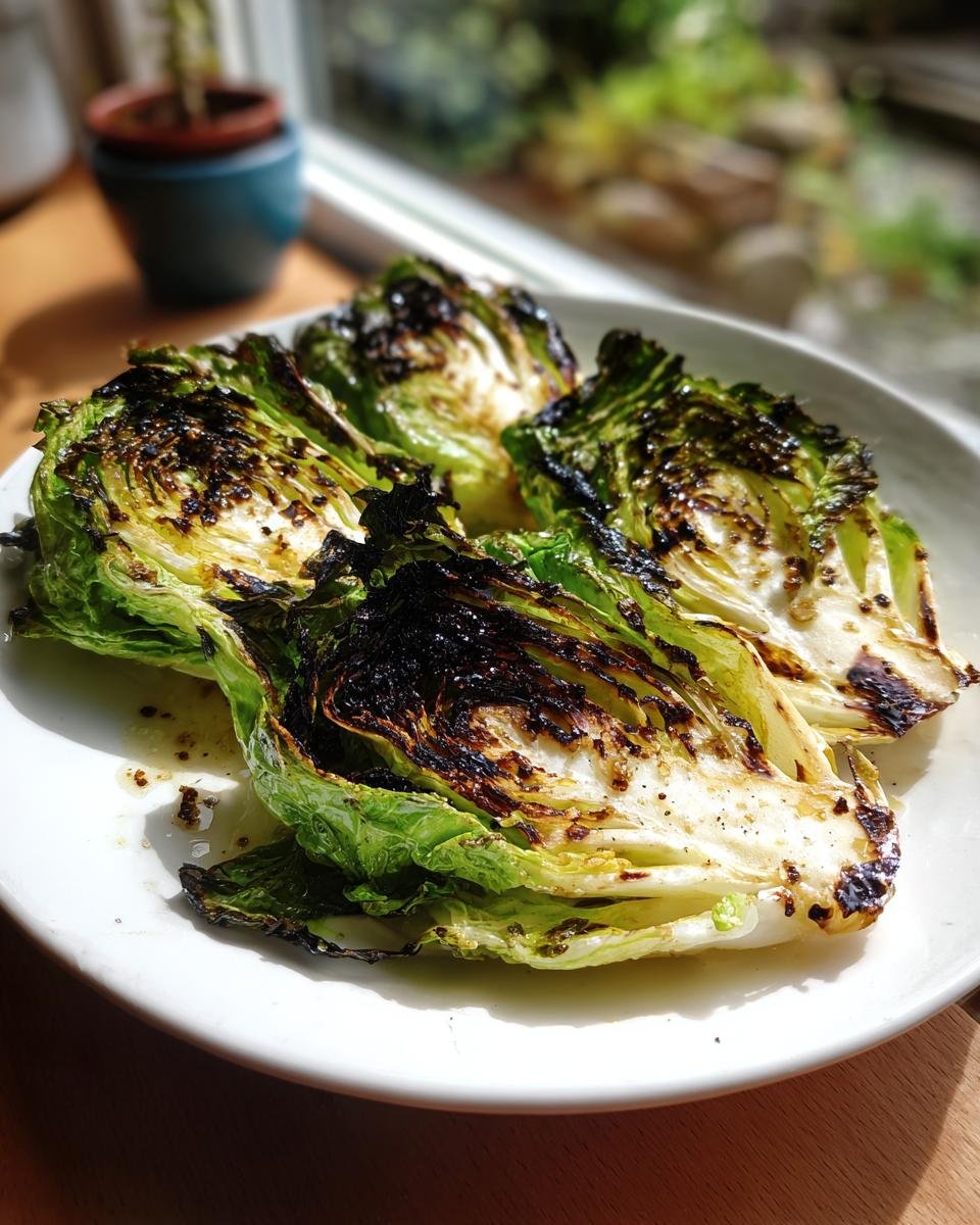 Four wedges of beautifully charred cabbage resting on a white plate, showing dark grill marks.