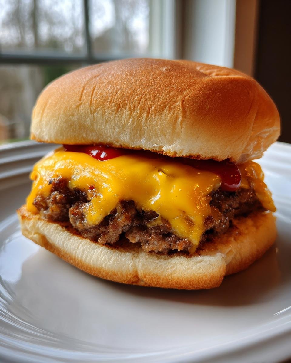 A close-up of a delicious cheeseburger on a white plate, ready to be shaped into Halloween Cheeseburger Skulls.