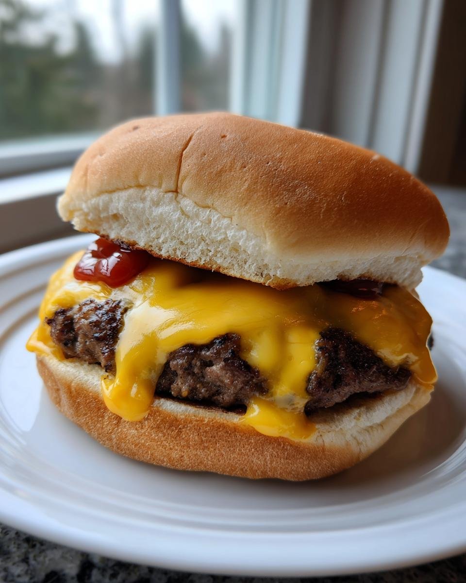 Close-up of a juicy cheeseburger patty with melted cheddar cheese and ketchup on a soft bun, part of the Halloween Cheeseburger Skulls recipe.
