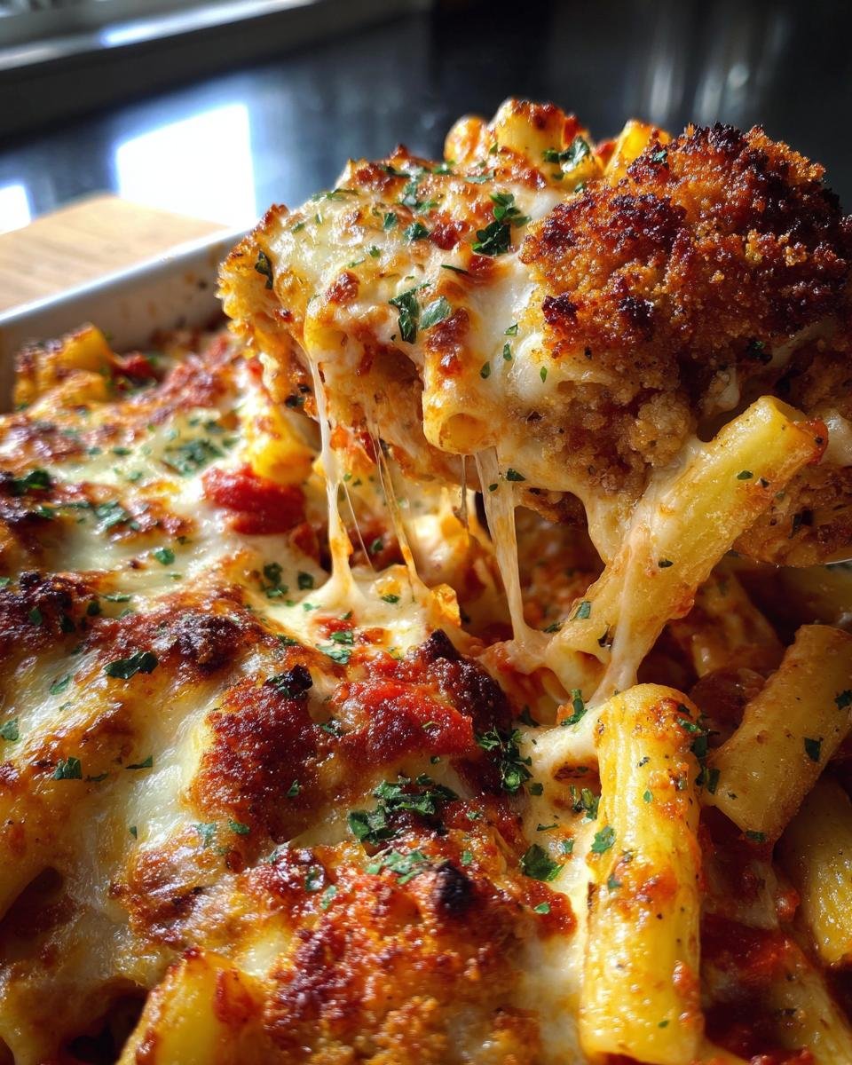 A serving of baked Chicken Parm Pasta being lifted, showing extreme cheese pull and crispy chicken topping.