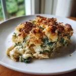 A close-up serving of creamy Chicken And Spinach Casserole with a golden, crispy topping on a white plate.