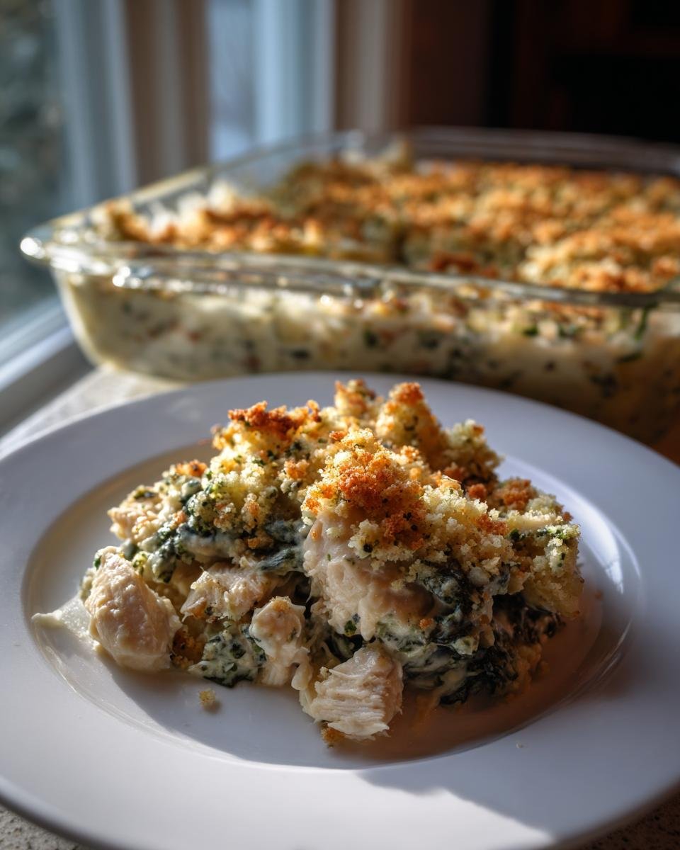 A portion of creamy Chicken And Spinach Casserole topped with golden brown breadcrumbs, served on a white plate.