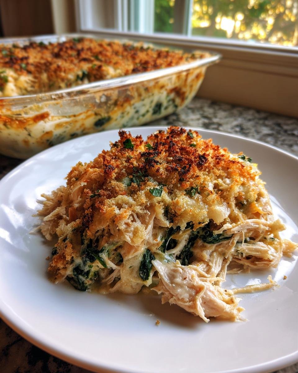 A serving of creamy Chicken And Spinach Casserole topped with golden brown breadcrumbs on a white plate.