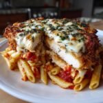 A cross-section view of Chicken Parm Pasta showing a breaded chicken breast topped with melted mozzarella over penne pasta and marinara sauce.