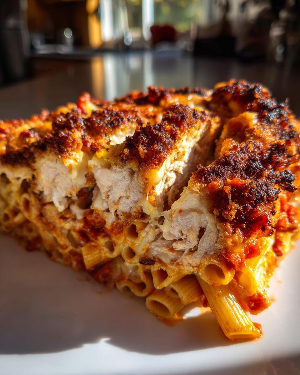 Close-up of a hearty portion of baked Chicken Parm Pasta showing layers of ziti, sauce, cheese, and breaded chicken breast.