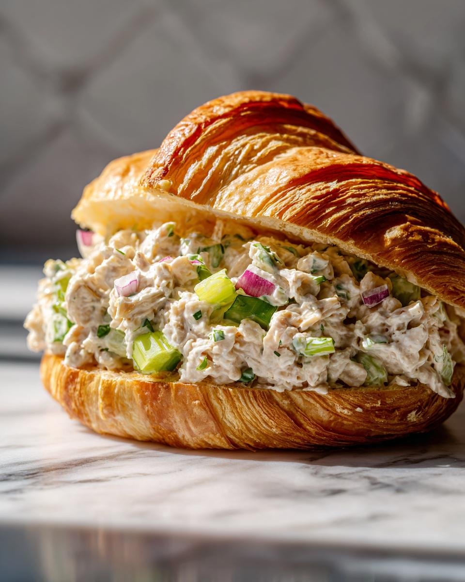 A close-up view of a rich Chicken Salad Croissant Sandwich filled with creamy chicken salad, celery, and red onion.