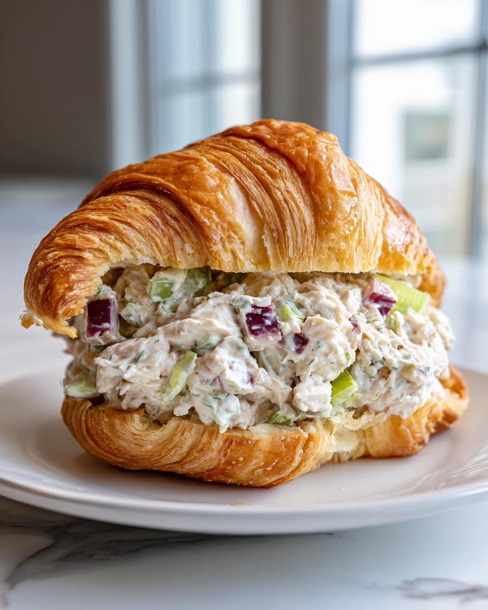 A generously filled Chicken Salad Croissant Sandwich served on a white plate.
