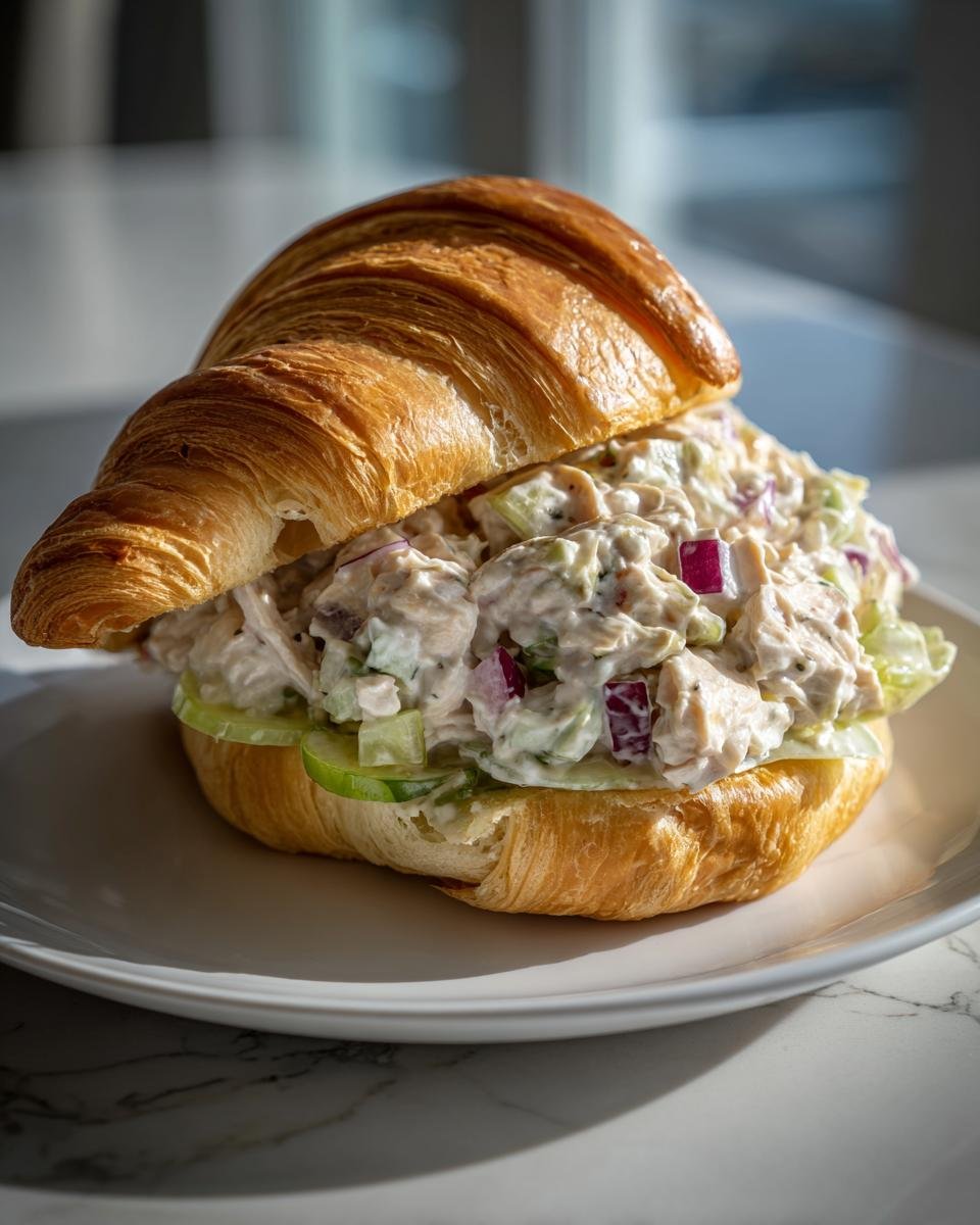 A generously filled Chicken Salad Croissant Sandwich featuring creamy chicken salad, red onion, and cucumber slices.