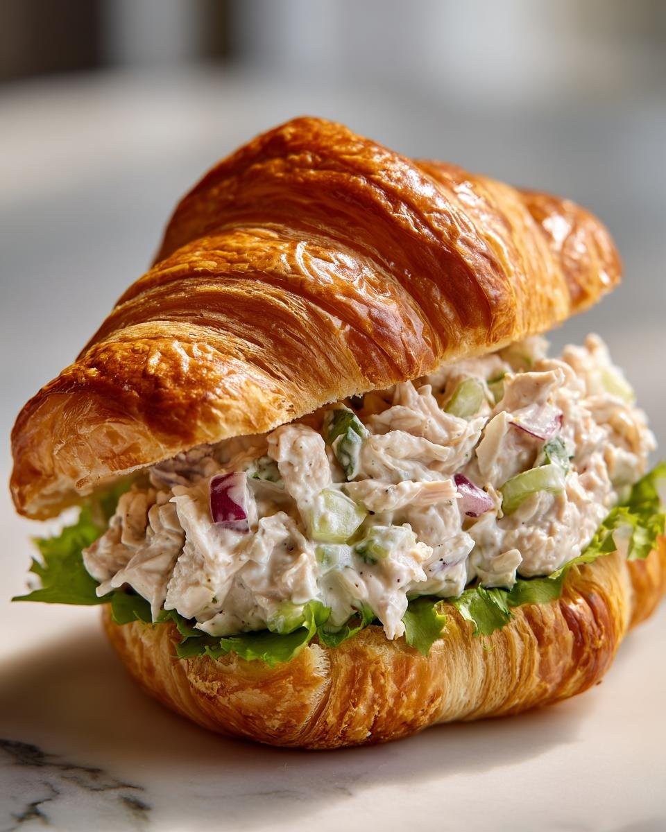 A golden, flaky croissant filled generously with creamy chicken salad, lettuce, and red onion pieces.