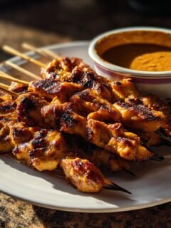 A plate of perfectly grilled Chicken Satay With Peanut Sauce skewers served with a side of creamy peanut dipping sauce.
