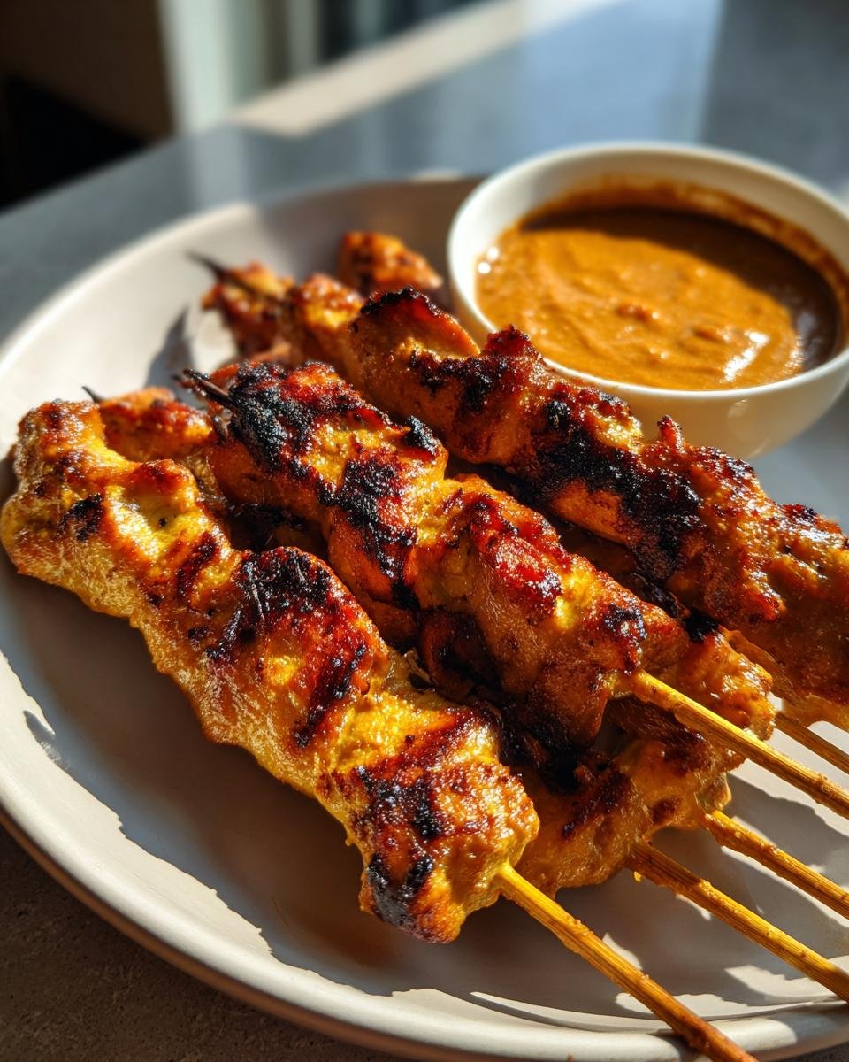 Close-up of four grilled Chicken Satay skewers served with a side of creamy peanut sauce.