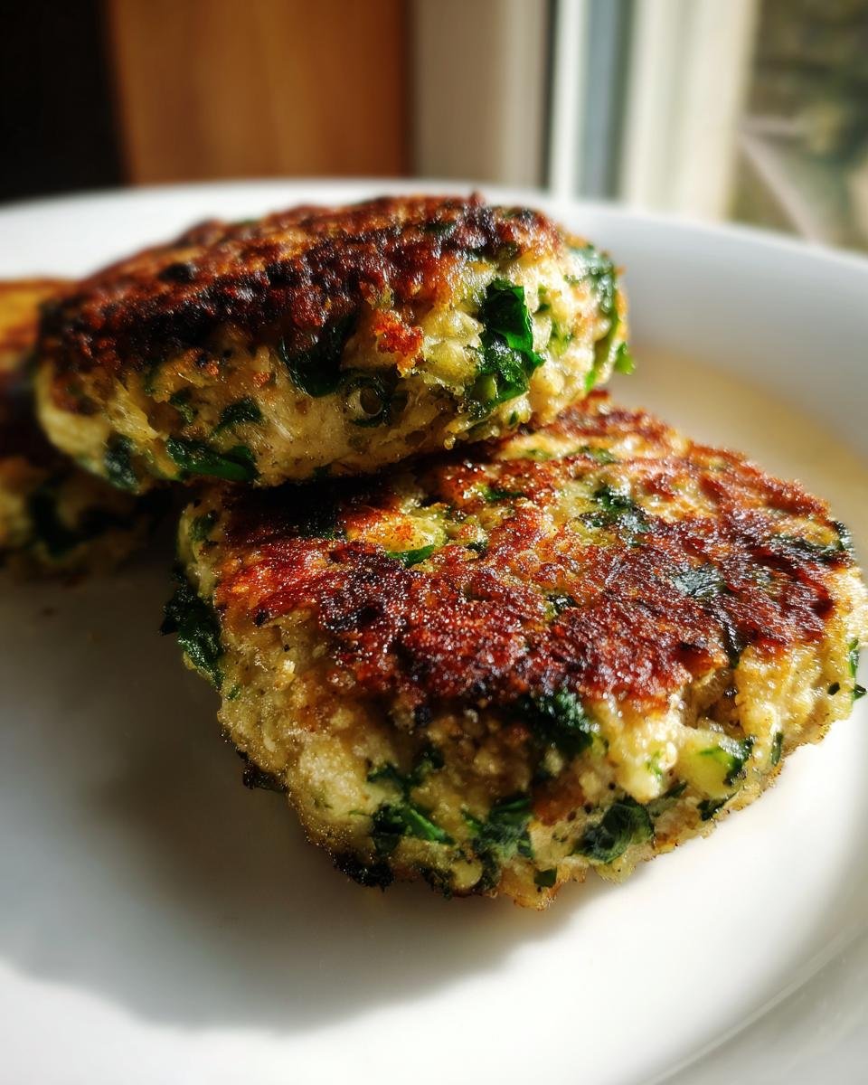 Close-up of two golden-brown, pan-seared Chicken Spinach Burgers patties stacked on a white plate.