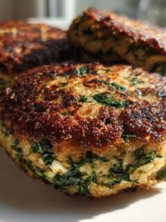 Close-up of three perfectly seared Chicken Spinach Burgers patties resting on a white plate.