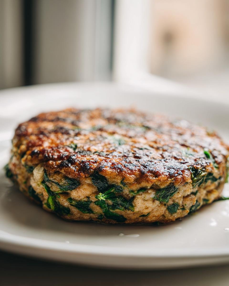 Close-up of a perfectly seared, thick Chicken Spinach Burger patty resting on a white plate.