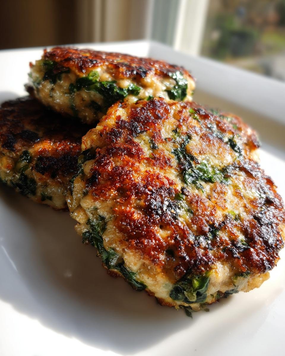 Close-up of three perfectly seared Chicken Spinach Burgers stacked slightly on a white plate.