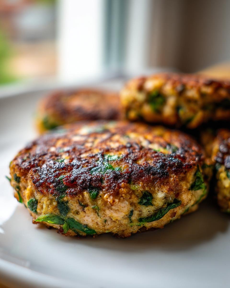 Close-up of several golden-brown Chicken Spinach Burgers stacked on a white plate, showing visible green spinach pieces.