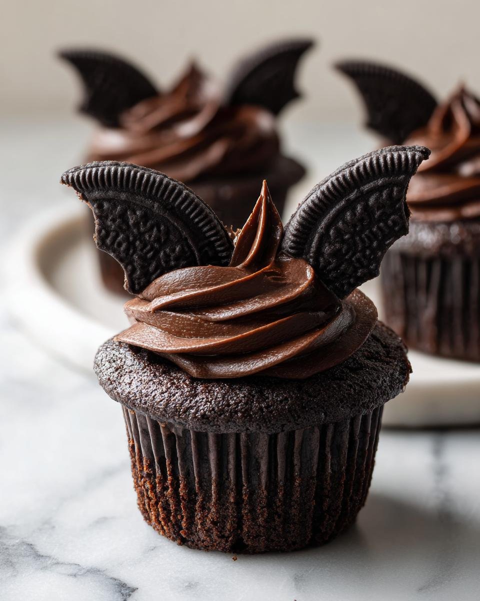 A close-up of a rich chocolate Bat Cupcake topped with chocolate frosting and two Oreo cookie halves as wings.