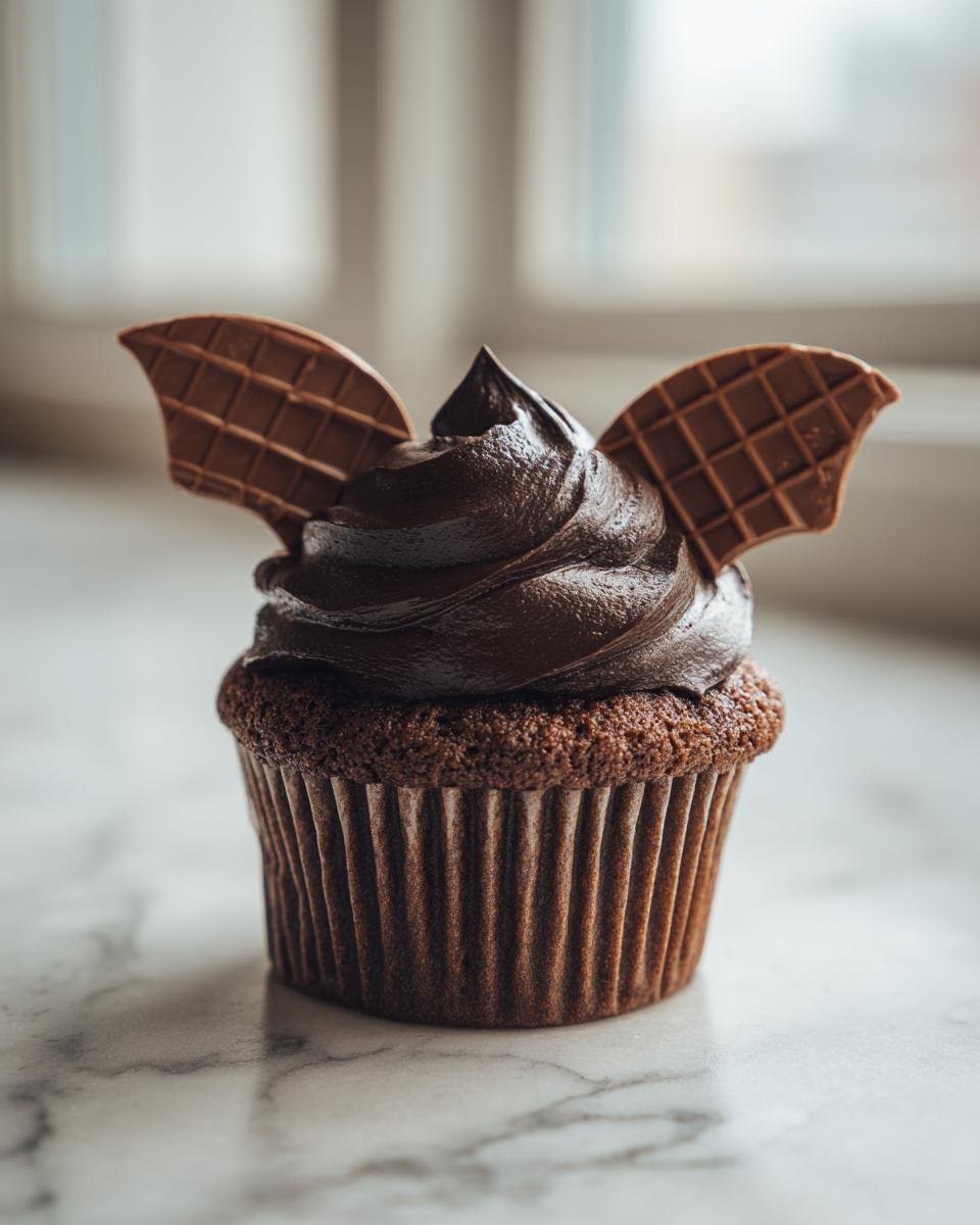 A rich chocolate cupcake decorated with dark frosting and two wafer wings, resembling Bat Cupcakes.