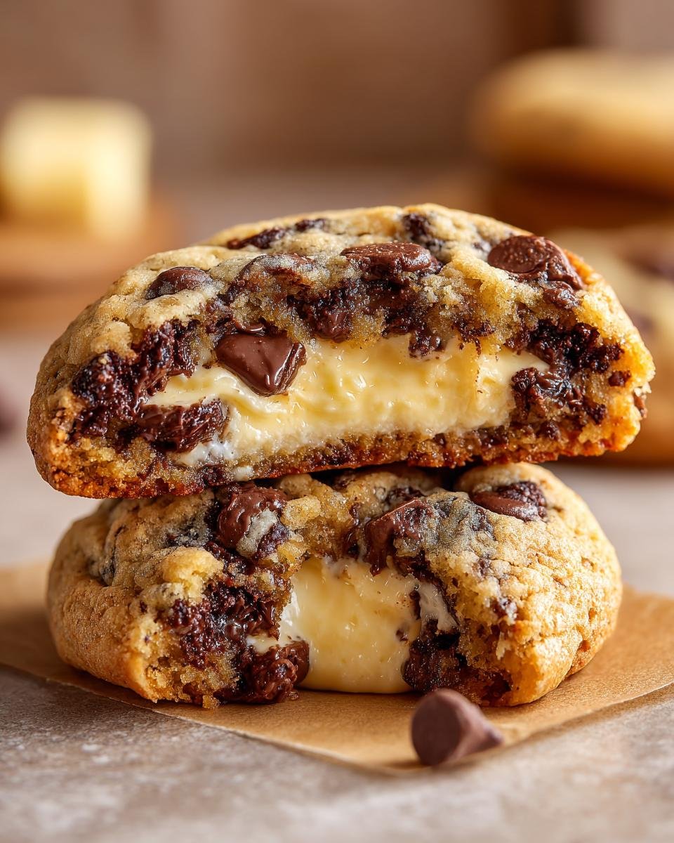 Two halves of a Chocolate Chip Cheesecake Cookie stacked, showing the creamy cheesecake filling inside.