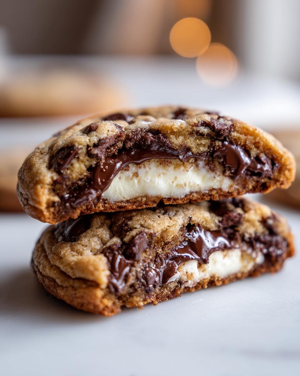 Close-up of a Chocolate Chip Cheesecake Cookies cut in half showing gooey melted chocolate and creamy white cheesecake filling.