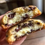 A close-up of a Chocolate Chip Cheesecake Cookie cut in half, showing the gooey cheesecake center and melted chocolate chips.