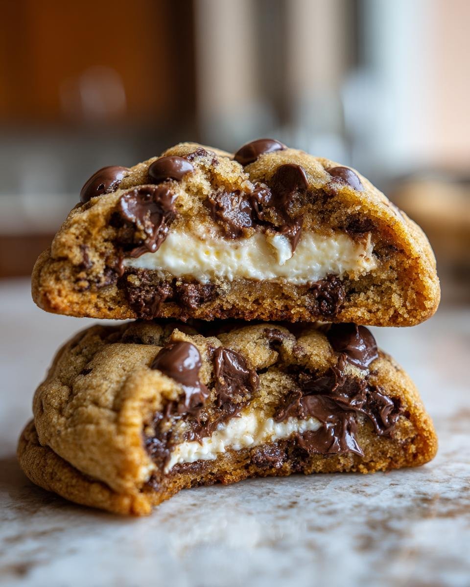 Two halves of a Chocolate Chip Cheesecake Cookie stacked, showing the gooey melted chocolate chips and creamy cheesecake center.
