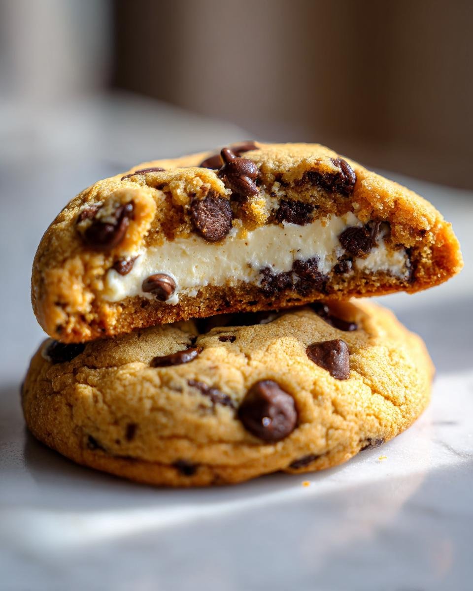 Two Chocolate Chip Cheesecake Cookies stacked, showing the creamy cheesecake filling inside the top cookie.