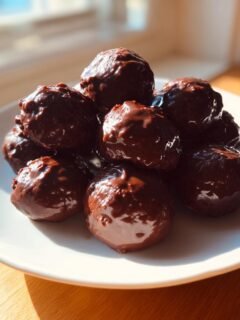 A stack of shiny, dark chocolate covered cranberry sauce truffles piled on a white plate near a sunlit window.