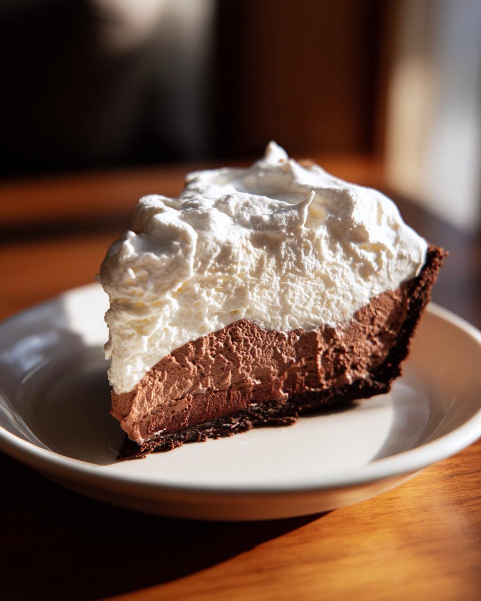 A tall slice of Chocolate Cream Pie featuring a dark crust, rich chocolate filling, and a thick layer of white whipped cream.