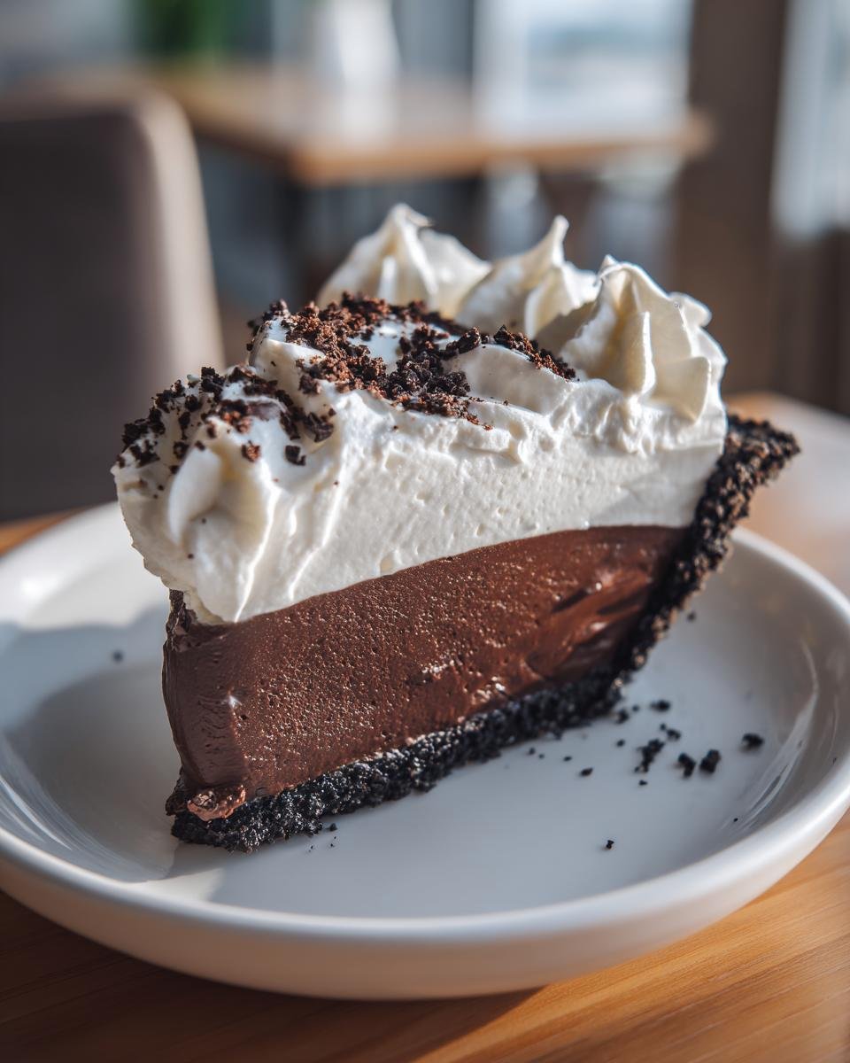 A decadent slice of Chocolate Cream Pie featuring a dark chocolate filling, whipped cream, and cookie crumbles on a white plate.