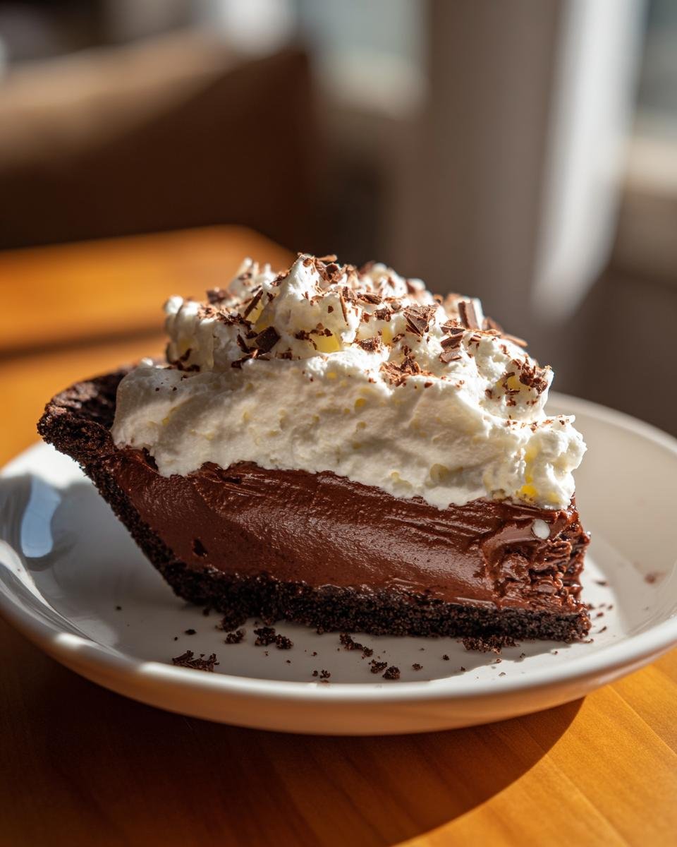 A decadent slice of Chocolate Cream Pie featuring a dark crust, rich chocolate filling, and topped with whipped cream and chocolate shavings.