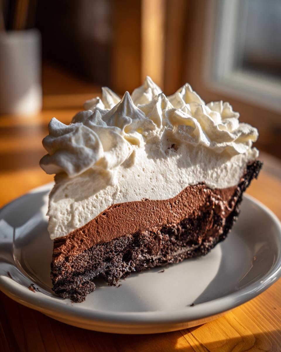 A decadent slice of Chocolate Cream Pie featuring a dark crust, rich chocolate filling, and tall swirls of whipped cream.