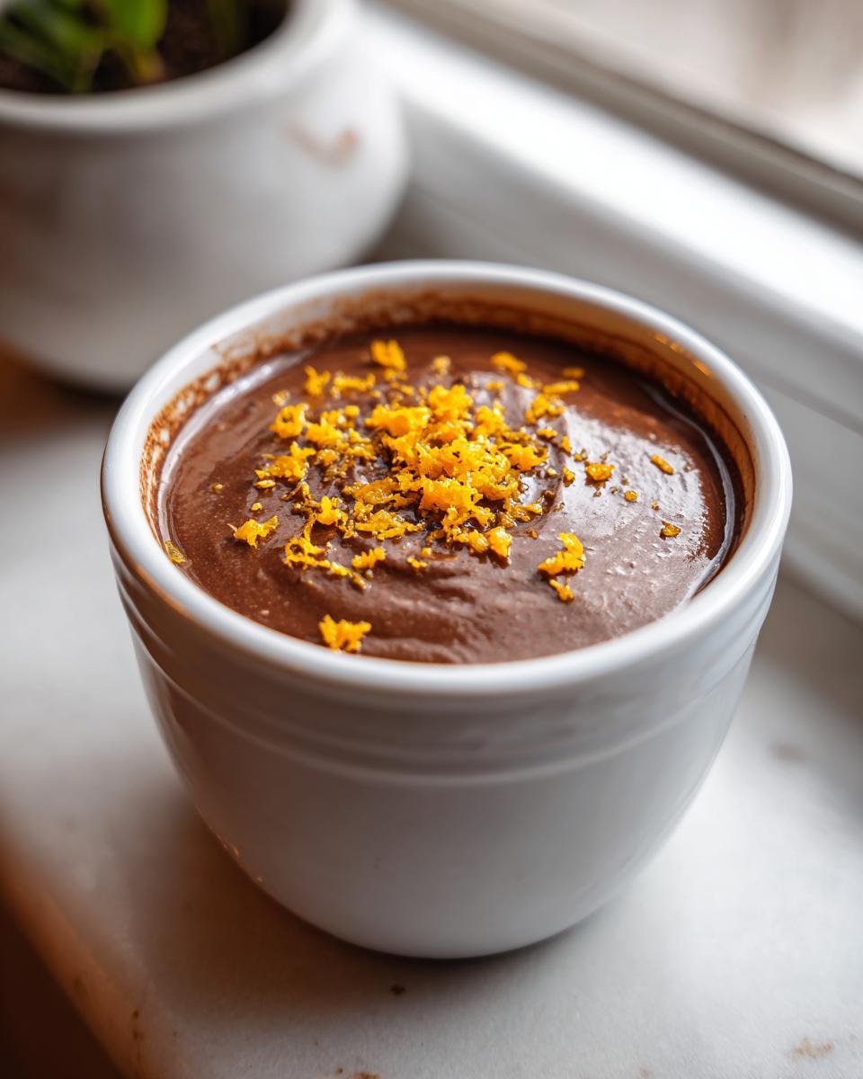 A close-up of a rich Chocolate Orange Posset served in a white ramekin, topped with bright orange zest.