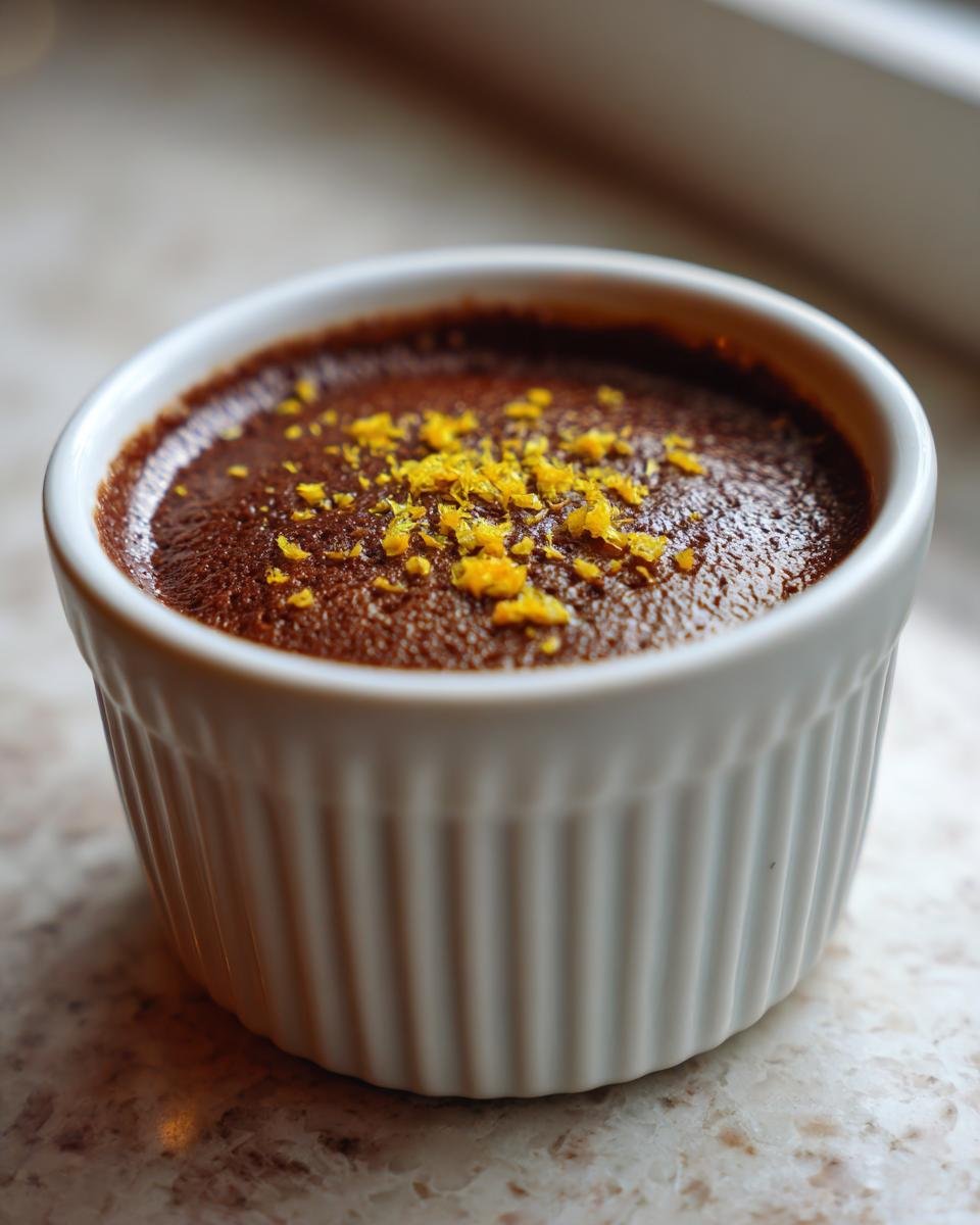A single serving of dark Chocolate Orange Posset in a white ramekin, topped with bright orange zest.
