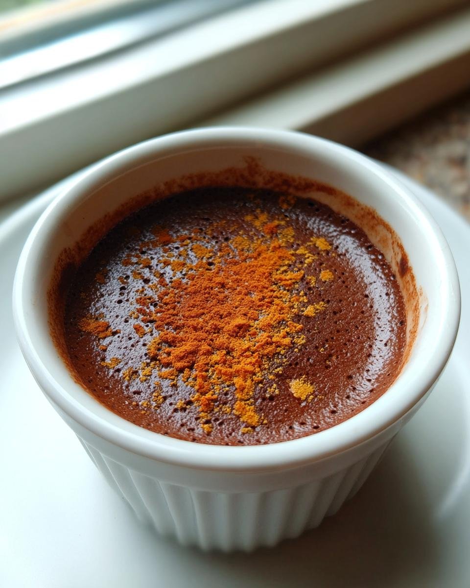 Close-up of a rich Chocolate Orange Posset in a white ramekin, topped with orange zest powder.