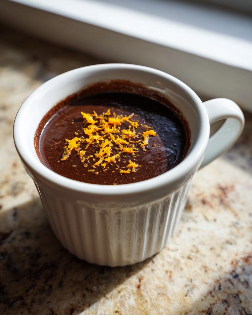 A rich, dark Chocolate Orange Posset served in a white, fluted ramekin, topped with bright orange zest.