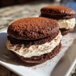 Two rich, dark Chocolate Sandwich Cookies filled with thick white cream and dusted with cocoa powder.