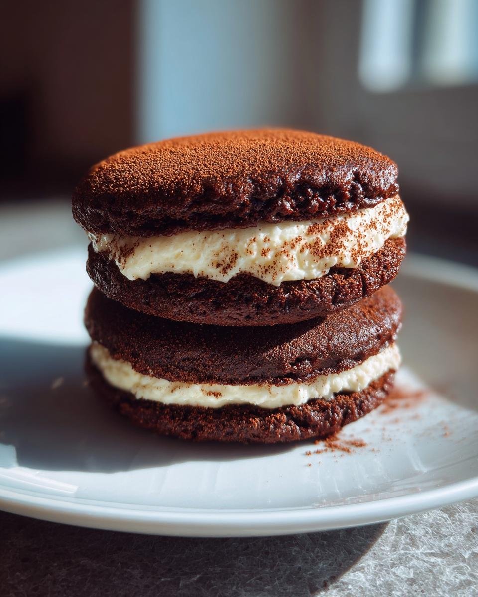 Two decadent Chocolate Sandwich Cookies stacked on a white plate, featuring dark chocolate wafers and creamy white filling dusted with cocoa.