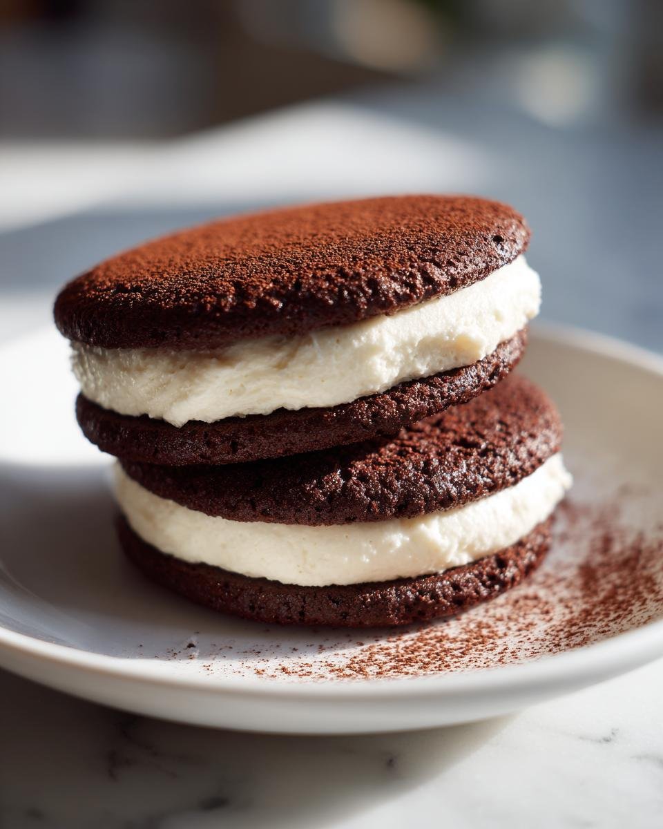 Two stacked Chocolate Sandwich Cookies featuring dark cocoa wafers and thick white cream filling, dusted with cocoa powder.