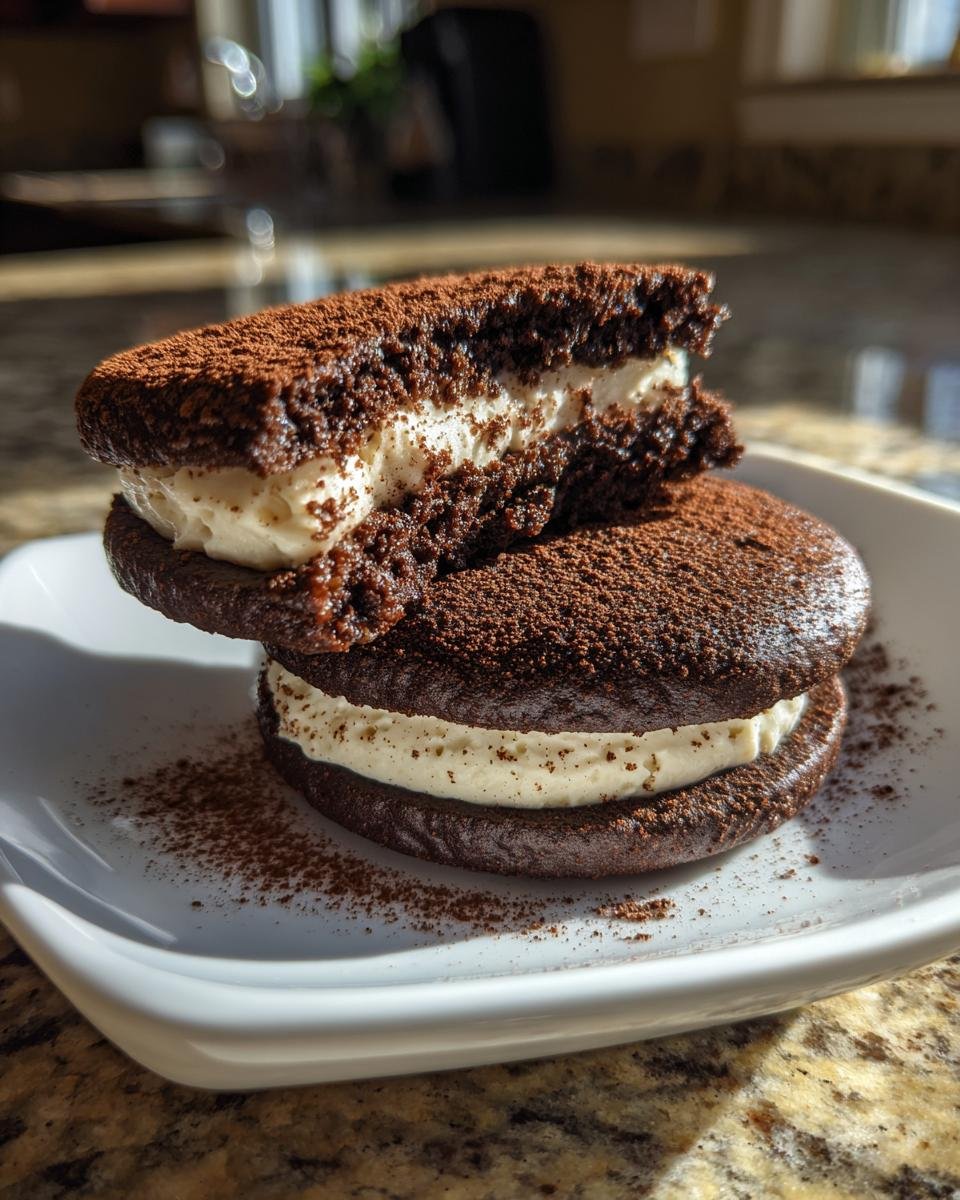 Two rich Chocolate Sandwich Cookies stacked, one cut in half showing the creamy white filling and dusted with cocoa powder.