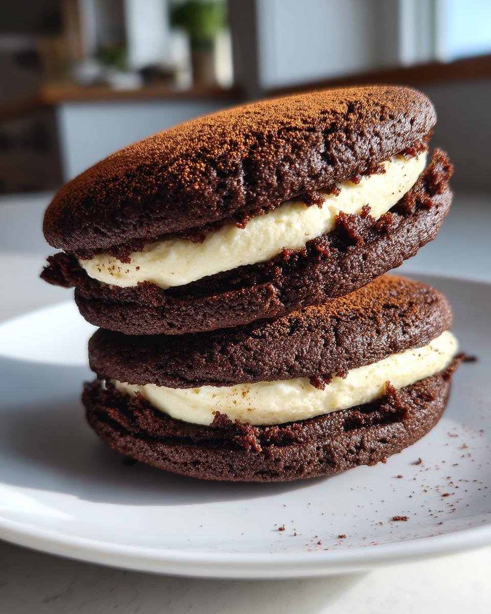 Two stacked, dark Chocolate Sandwich Cookies filled with thick white cream and dusted with cocoa powder.