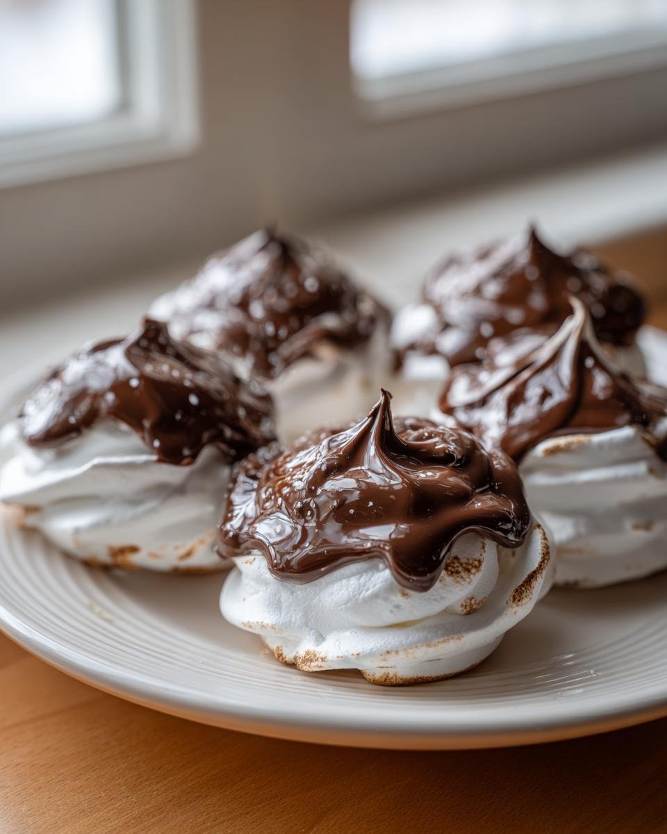 Four fluffy white Chocolate Tipped Meringues topped with glossy, melted dark chocolate, served on a white plate.