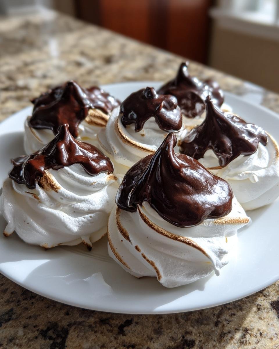 Five perfectly piped Chocolate Tipped Meringues with slightly toasted edges, topped with rich, glossy dark chocolate ganache.
