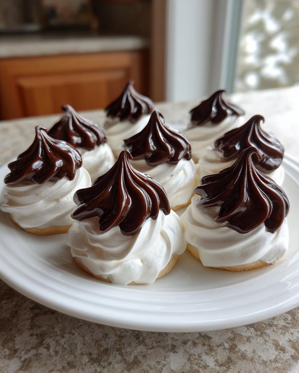 A white plate holds several Chocolate Tipped Meringues, featuring white meringue bases topped with glossy, dark chocolate swirls.
