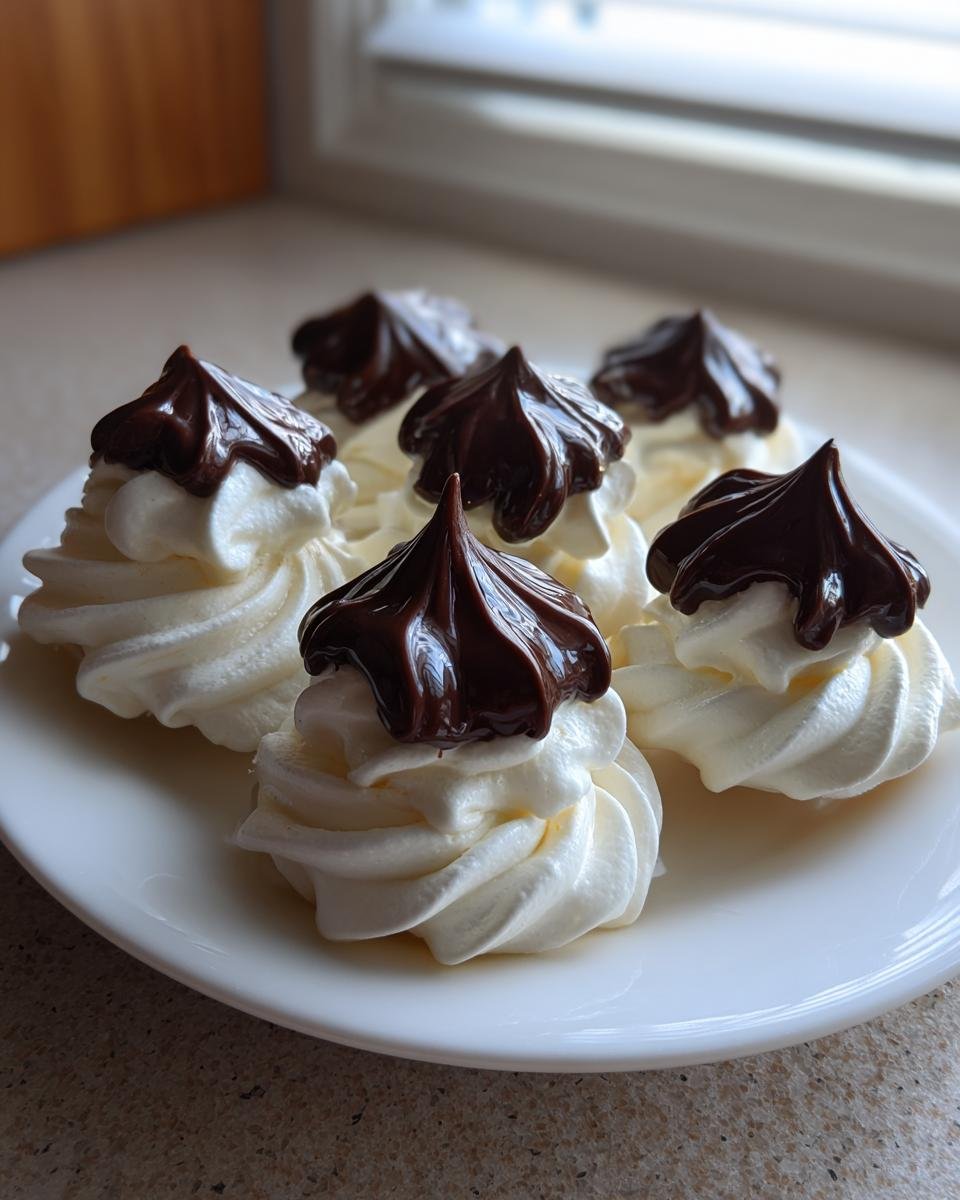 Close-up of several perfectly piped Chocolate Tipped Meringues with glossy dark chocolate peaks on a white serving plate.
