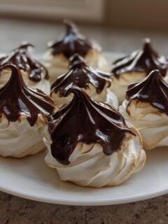 A close-up of six perfectly piped Chocolate Tipped Meringues with glossy chocolate topping on a white serving plate.