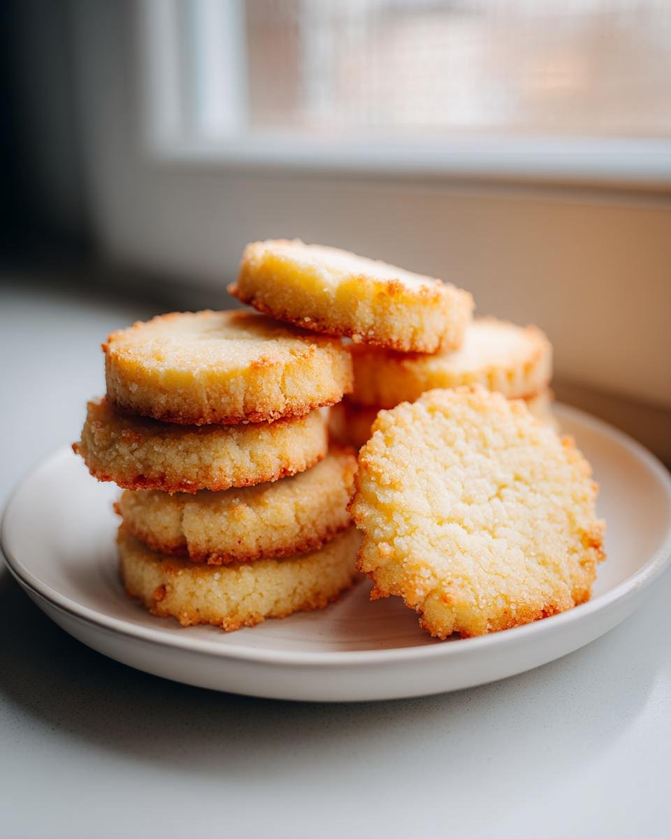 A stack of golden-edged Christmas Butter Cookies on a small white plate, ready to eat.