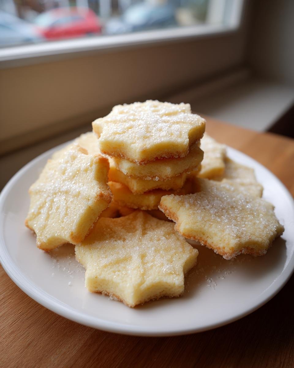 A stack of star-shaped Christmas Butter Cookies sprinkled with sugar, resting on a white plate near a window.