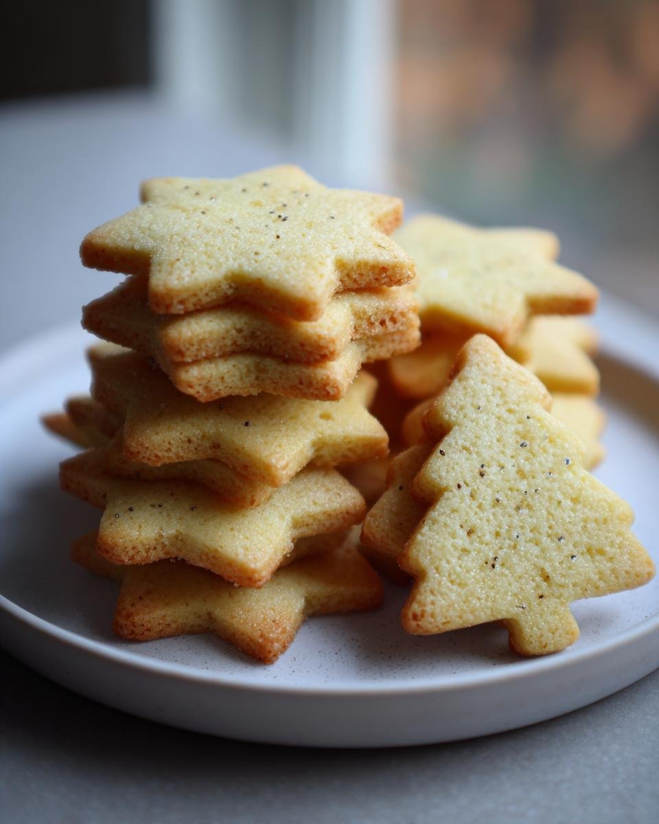 A stack of golden-brown Christmas Butter Cookies cut into star and tree shapes on a light plate.