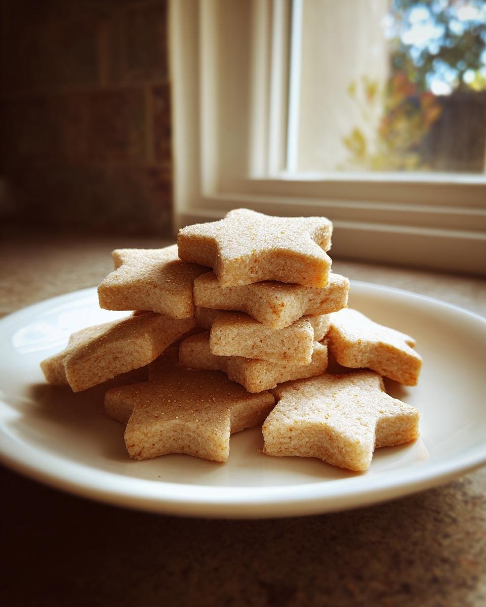 A stack of star-shaped Christmas Butter Cookies sprinkled with sugar, resting on a white plate near a window.